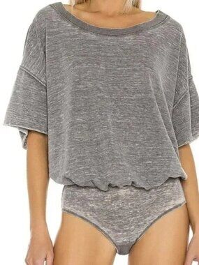 Intimately Free People Cozy Girl Bodysuit Sz M Grey Short Sleeve Oversized